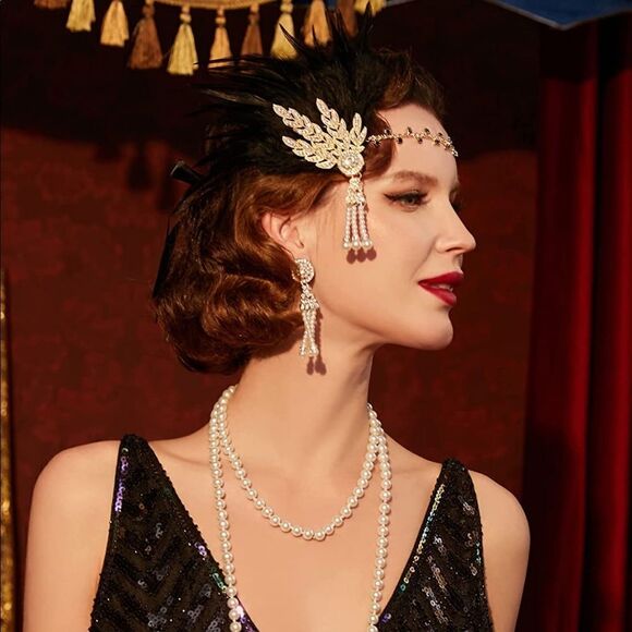 🪶✨ Art Deco 1920's Flapper Great Gatsby Pearl Black Feather Leaf Headband - Picture 4 of 5